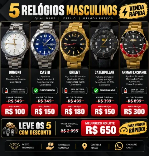 5 Relógios Masculinos Casio, Orient, CAT e Armani Exchange