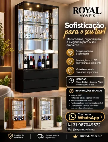 Cristaleira 2 Gavetas 2 Portas de Vidro C/LED 71Cm LUXO. Produto Novo Direto de Fábrica.