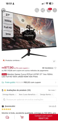 Monitor Gamer Curvo PCFort U270F 27" 1ms 100Hz LED Full HD 100% sRGB HDMI VGA Preto