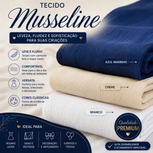 Tecido Musseline 1 Metro | Azul Marinho, Branco e Amarelo Claro