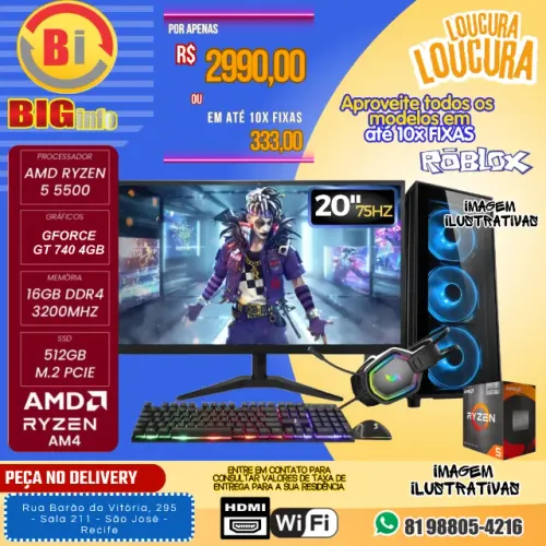 Computador Gamer Amd Ryzen 5 5500 - 16GB DDR4 - SSD 512GB - VGA 4GB Monitor 20 - Em ate 10