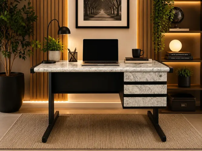 Mesa de escritório vintage/industrial com estrutura em ferro e tampo em madeira