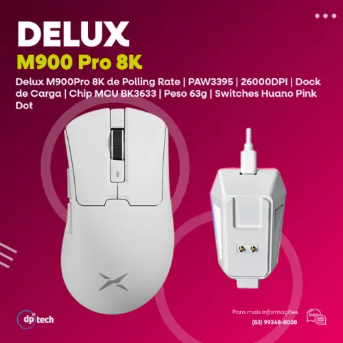 Mouse Delux M900Pro 8K de Polling Rate | PAW3395 26000DPI | Dock de Carga -Entrega Grátis-