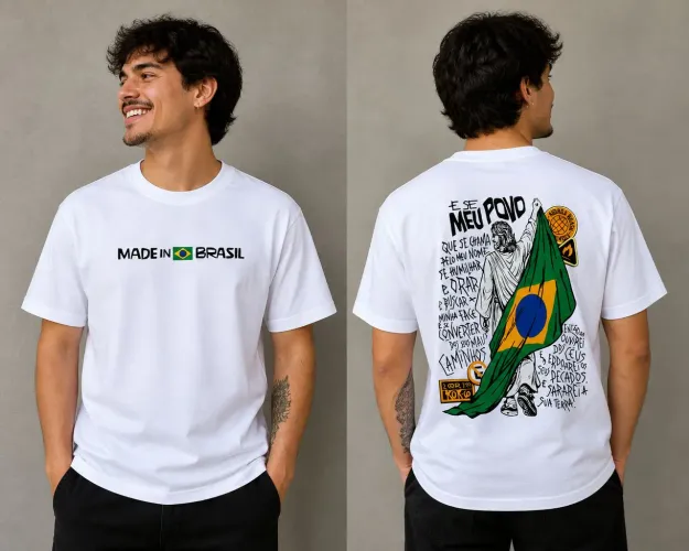 Camiseta Masculina Cristã (Jesus com a Bandeira do Brasil)