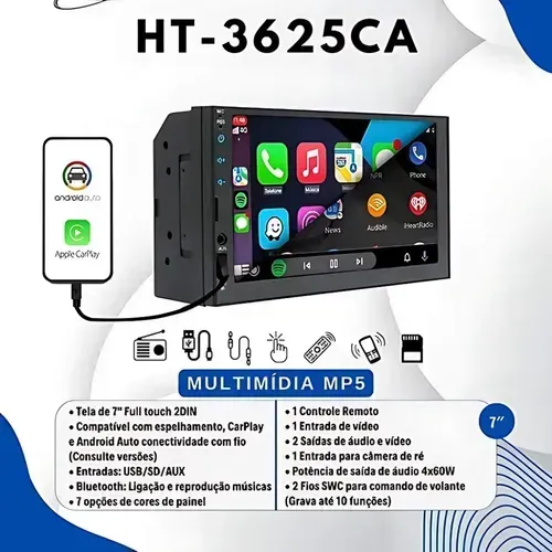 Central Multimídia H-Tech HT-3625CA Tela 7" Bluetooth Carplay com fio