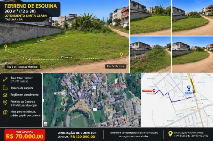 Terreno de Esquina 360m² | Santa Clara | Próximo à Prefeitura | R$ 70 mil
