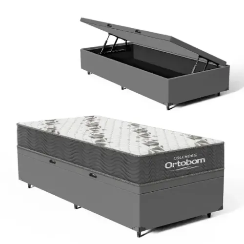 Cama Base Baú Solteiro Suede Cinza + Colchão Solteiro Premium Ortobom