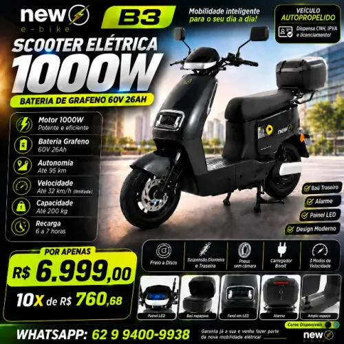 Scooter Elétrica New E-Bike B3 1000W Grafeno 60V 26Ah Autonomia Até 95km