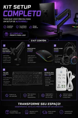 KIT GAMER COMPLETO - LOGITECH + HEADSET + MOUSE + SUPORTE MONITOR
