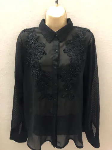 Blusa bordada social preta feminina