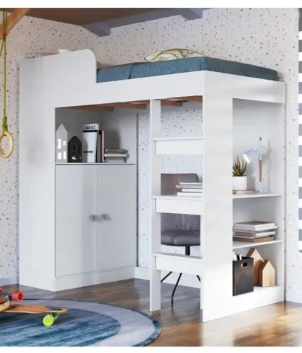 Cama alta solteiro/juvenil, com armário e escrivaninha MDF