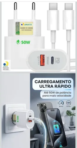 Carregador Turbo 50W + Cabo Tipo C, 2 Entradas USB e USBC, Carrega 2 Dispositivos, Turbo