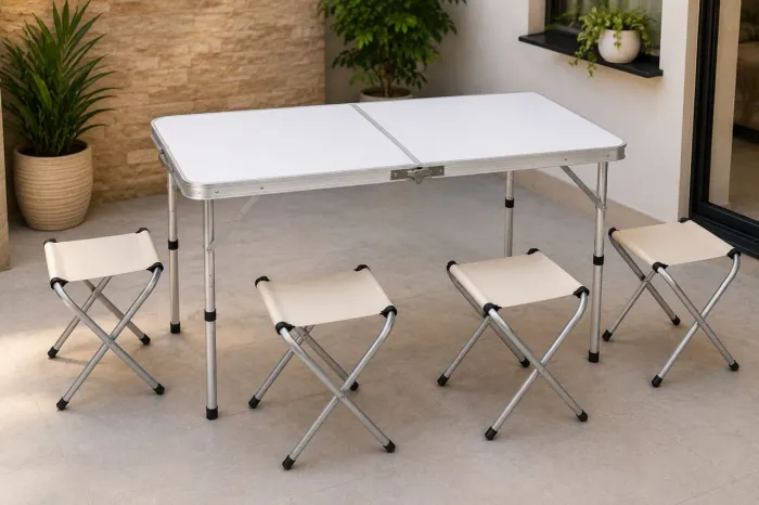 Mesa Dobrável Maleta 120x60 com 4 Bancos Dobráveis em Alumínio