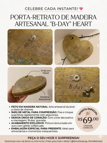 PORTA-RETRATO DE MADEIRA ARTESANAL "B-DAY" HEART