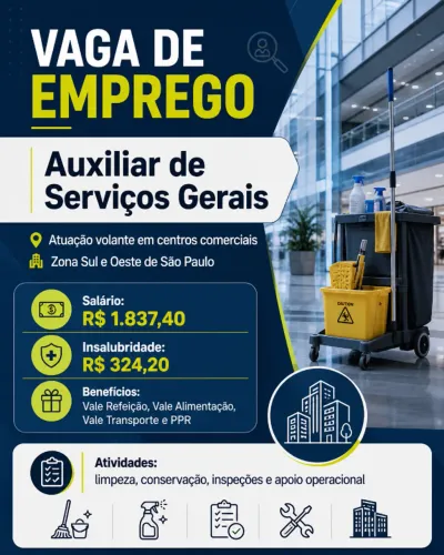 Vaga Auxiliar de Serviços Gerais ? Volante | Zona Sul e Oeste/SP