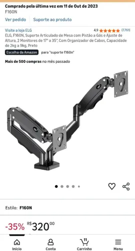 SUPORTE DUPLO MULTIARTICULADO COM PISTÃO A GAS PARA DOIS MONITORES F160N