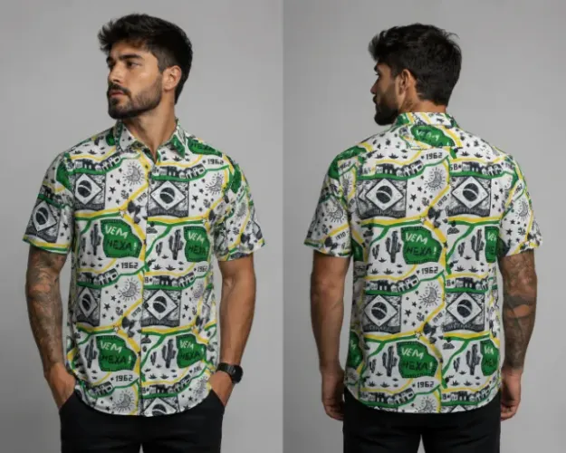 Camisa temática Xilogravura São João e Brasil
