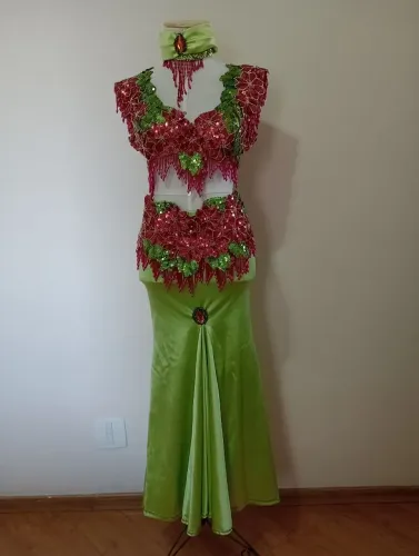 Traje de dança do ventre verde e vermelho 