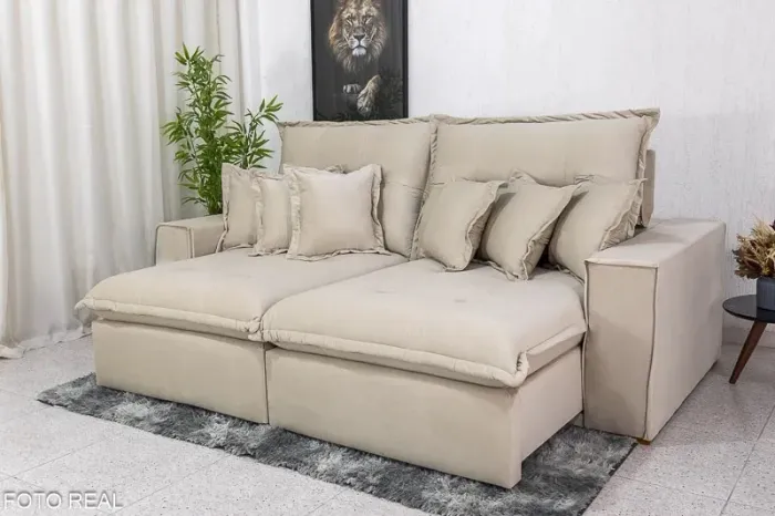 Sofá Retrátil Reclinável Fernanda 2.50m Veludo Bege 01 D33 e Molas Ensacadas rf54