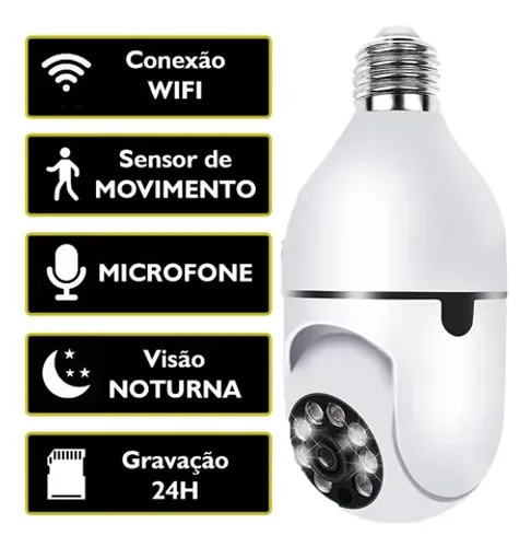 Câmera Wi-fi Tipo Lâmpada Sensor de Movimento Led Infravermelho Filma e Tira Fotos Movimen