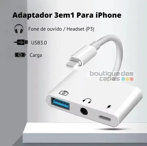 Cabo Adaptador Lightning Usb Otg P2 P3 Fone De Ouvido e Carga Simultâneo 3em1 iphone ipad