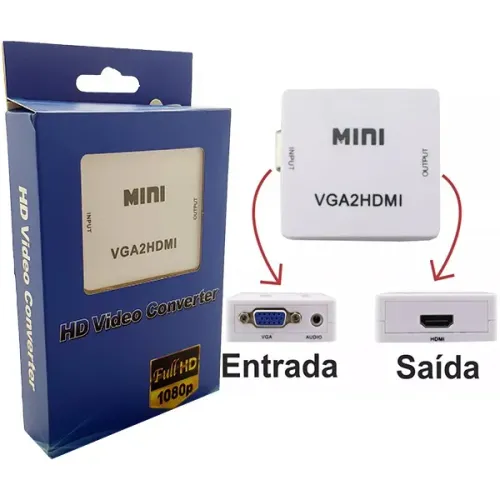 Mini Adaptador Conversor Vga para Hdmi - Pc Monitor TV Com Áudio Som - Zerado na caixa