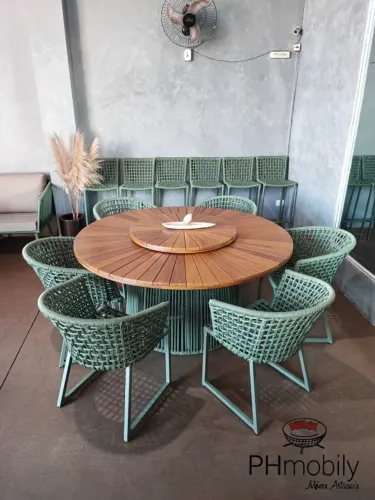 JOGO DE MESA PARA AREÁ EXTERNA E INTERNA COM 06 CADEIRAS DE ALUMINIO COM CORDA SINTÉTICA  