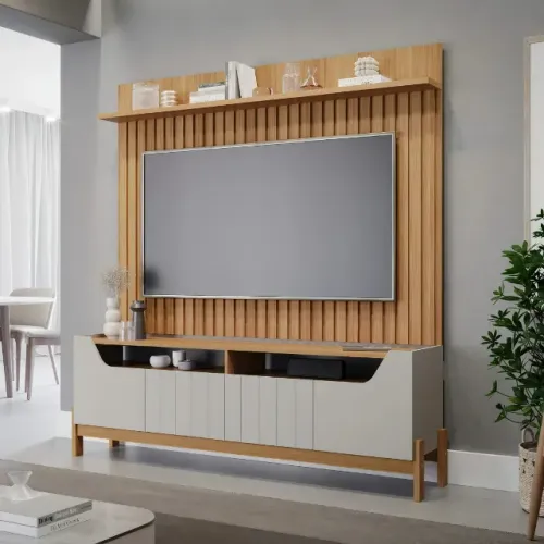Estante Home P/ Tv Até 70 Polegadas 100%Mdf Ripado 4 Portas 2 Nichos 1 Prateleira Moema Pe