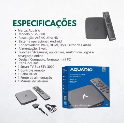 Smart box Tv aquário stv-3000 plus 4k Android 11 Wi-Fi hdmi rca original
