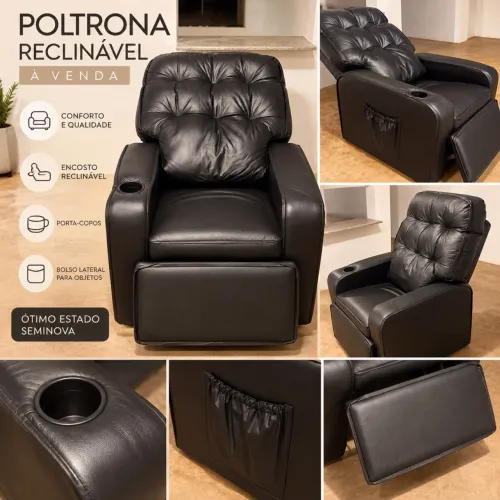 Poltrona Reclinável Preta Seminova com Porta-Copos