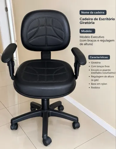 Cadeira de Escritório Giratória Preta - Modelo Executivo com regulagem de altura