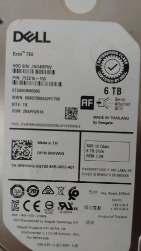 HD DELL 6 TB SAS 3,5" 12Gbps 7.2K Novo