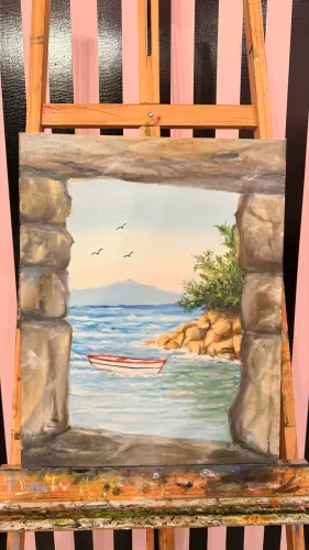 Tela Original em Óleo Sobre Tela - Vista Marítima com Barco | 40x50 cm