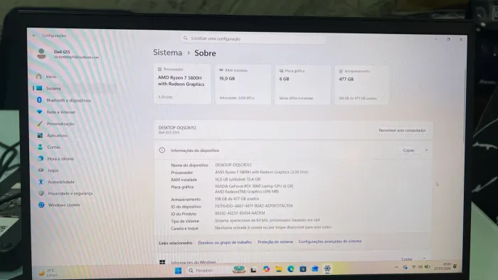 Notebook Gamer Dell G15 Ryzen 7 e RTX 3060