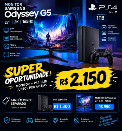 ? SUPER OPORTUNIDADE! PS4 SLIM 1TB + MONITOR ODYSSEY G5 27? 2K 165Hz! ?