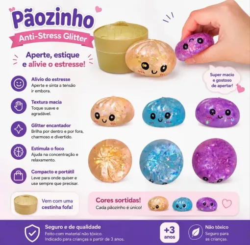 Mini Squishy Bolinho Chinês C/ Glitter E Cesto
