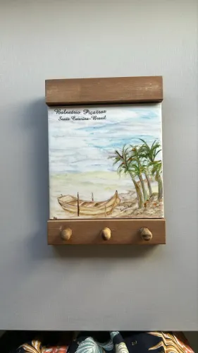 porta chaves 3 ganchos com azulejo paisagem