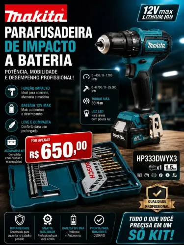 Parafusadeira Makita de auto impacto, bateria 
