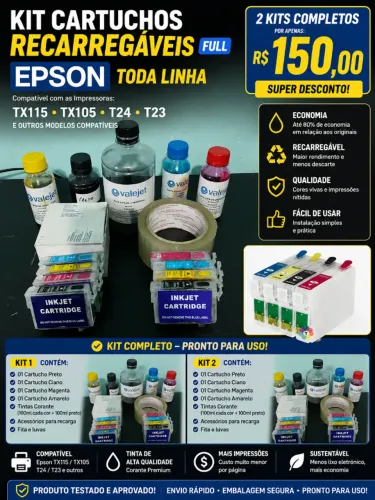 Kit Cartuchos Recarregaveis (full) Epson toda família Tx