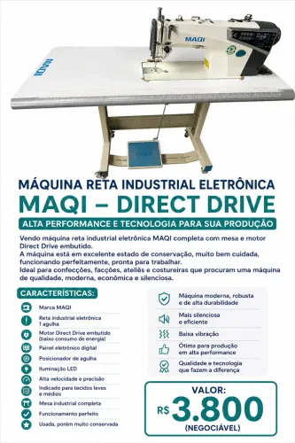 máquina de costura reta industrial eletrônica MAQI, com motor Direct Drive embutido