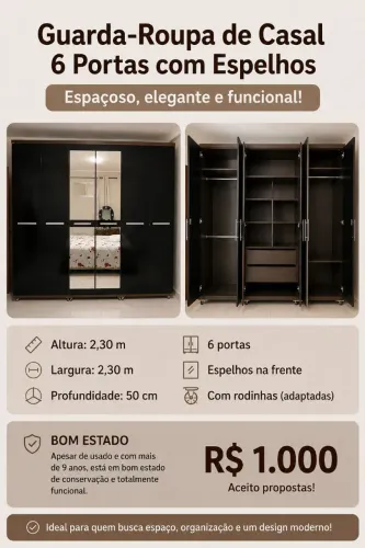 Guarda-roupa casal com 6 portas e espelhos. 