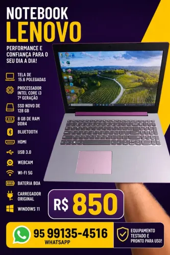 Notebook Lenovo com processador Intel Corei3, SSD de 128 gigas, 8 gigas de RAM ddr4