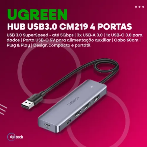 HUB UGREEN CM219 USB 3.0 5Gbps | Cabo 60cm | 4 Portas | Alimentação USB-C -Entrega Grátis-
