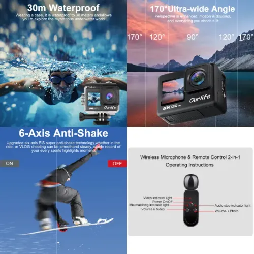 Camera de ação Ourlife MTR60 PRO 5K 30Fps + sd 64gb e kit acessórios essenciais