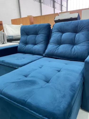 Sofá Retrátil Veludo Azul PRONTA ENTREGA