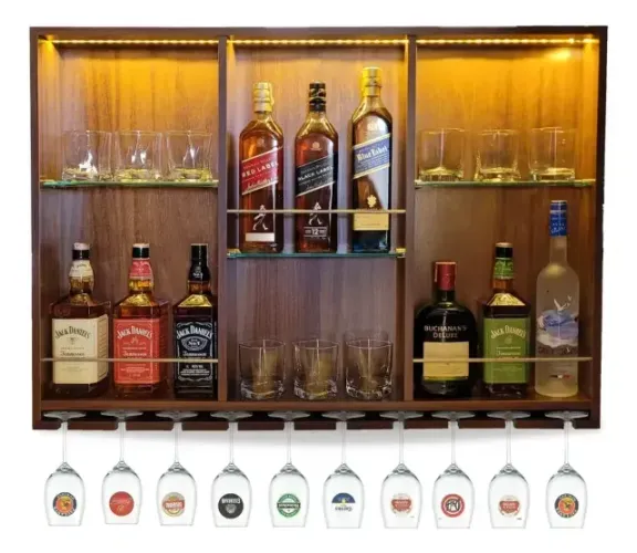Bar Adega de Parede em Madeira com LED e Porta-Taças para Bebidas
