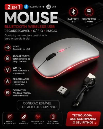 Mouse 2 Em 1 Bluetooth Wireless Usb Recarregável S/Fio Macio