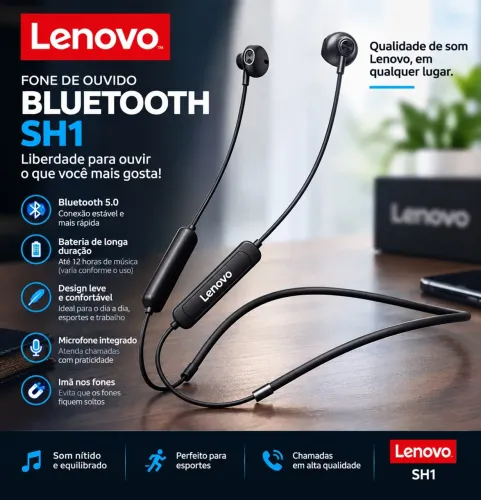 Fone Bluetooth Lenovo SH1 - academia e esportes