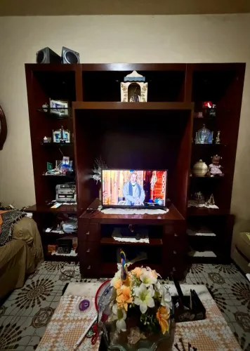 Estante Home Theater Grande para Sala - Mogno / Madeira com Prateleiras de Vidro