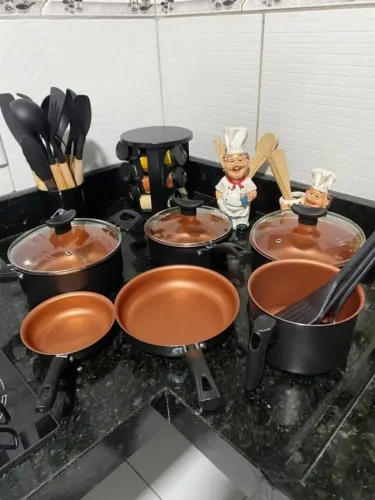 Jogo de Panelas Novas - Kit 9 Pçs Antiaderente Tampa Vidro Teflon